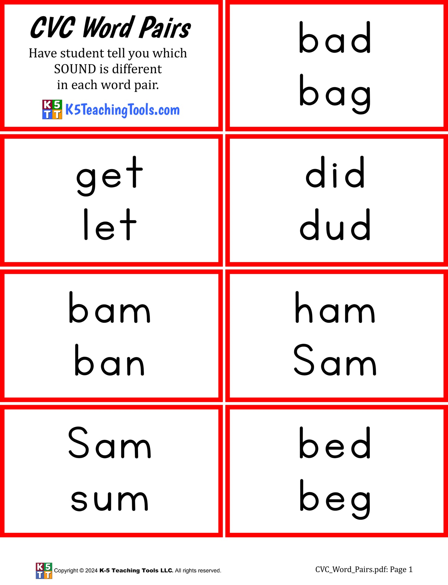 CVC Word Pair Cards (printed on card stock)