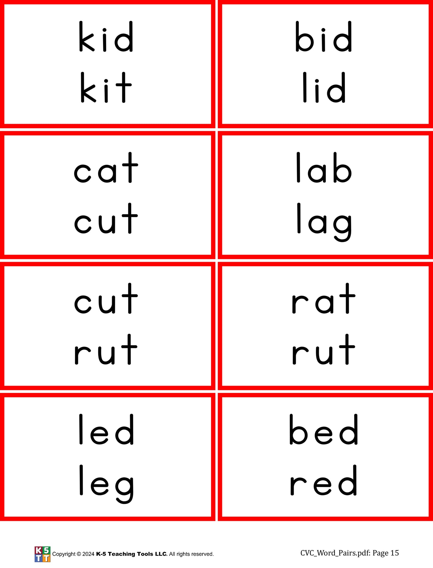 CVC Word Pair Cards (printed on card stock)