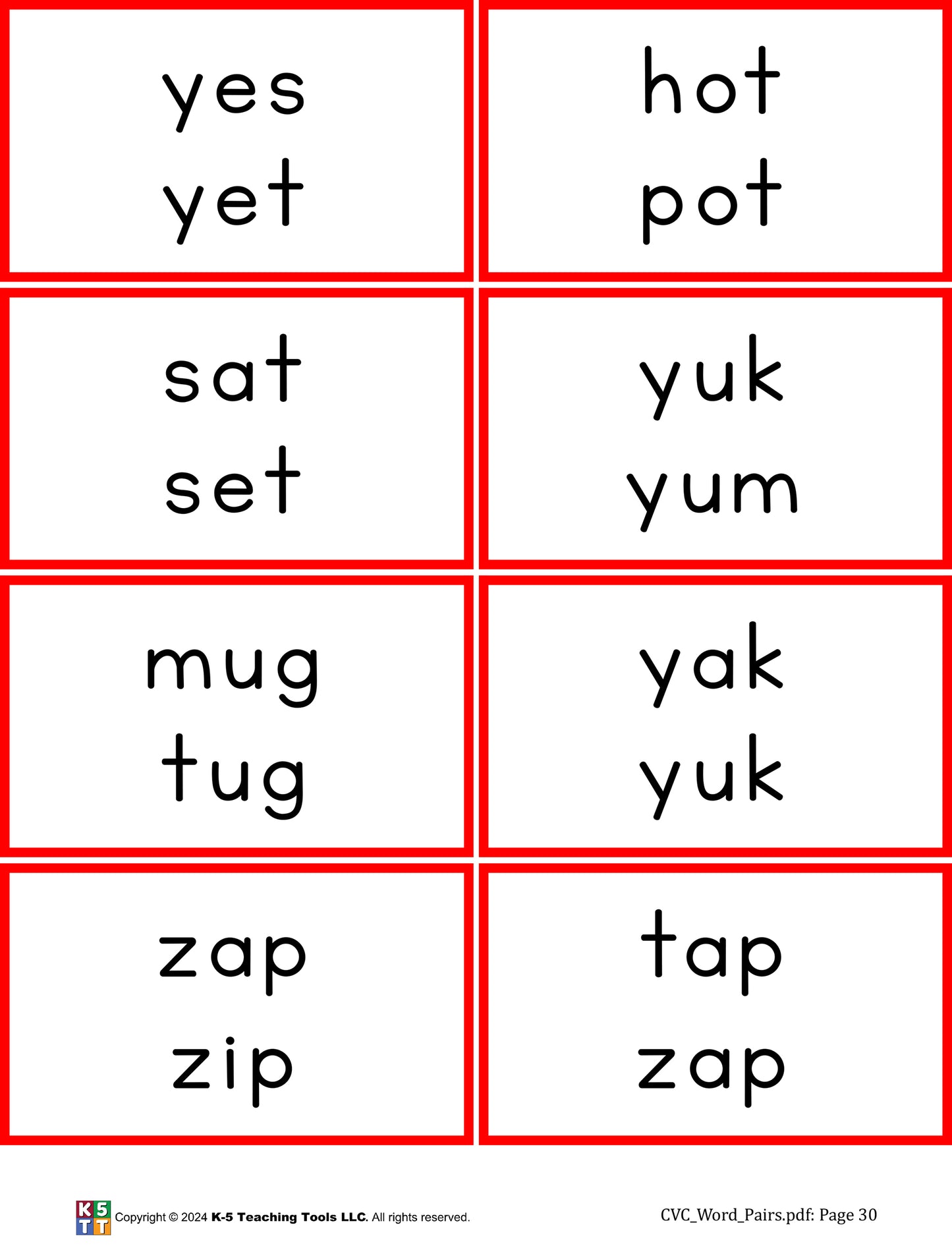 CVC Word Pair Cards (printed on card stock)