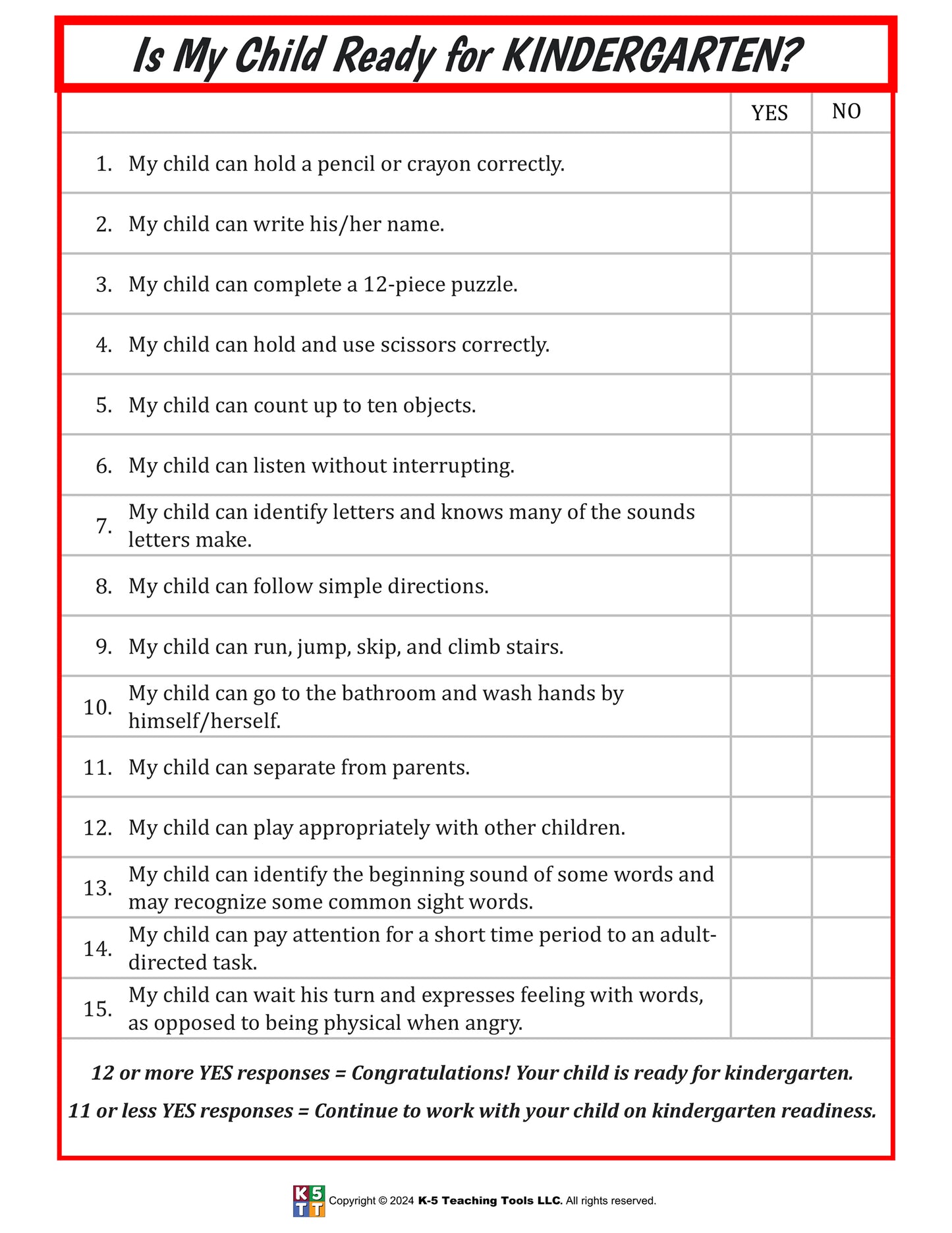 Kindergarten Readiness Test (digital file)