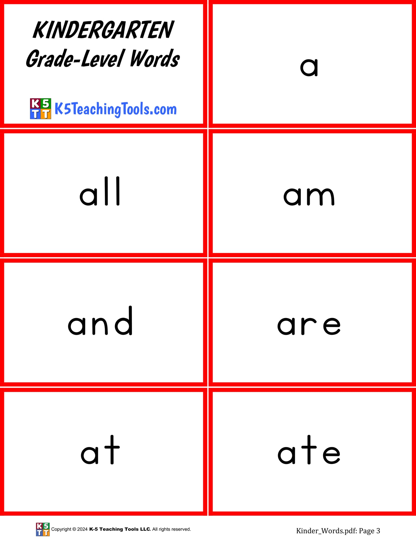 Kindergarten Grade Level Word Cards (digital file)