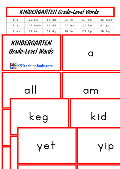 Kindergarten Grade Level Word Cards (printed on card stock)