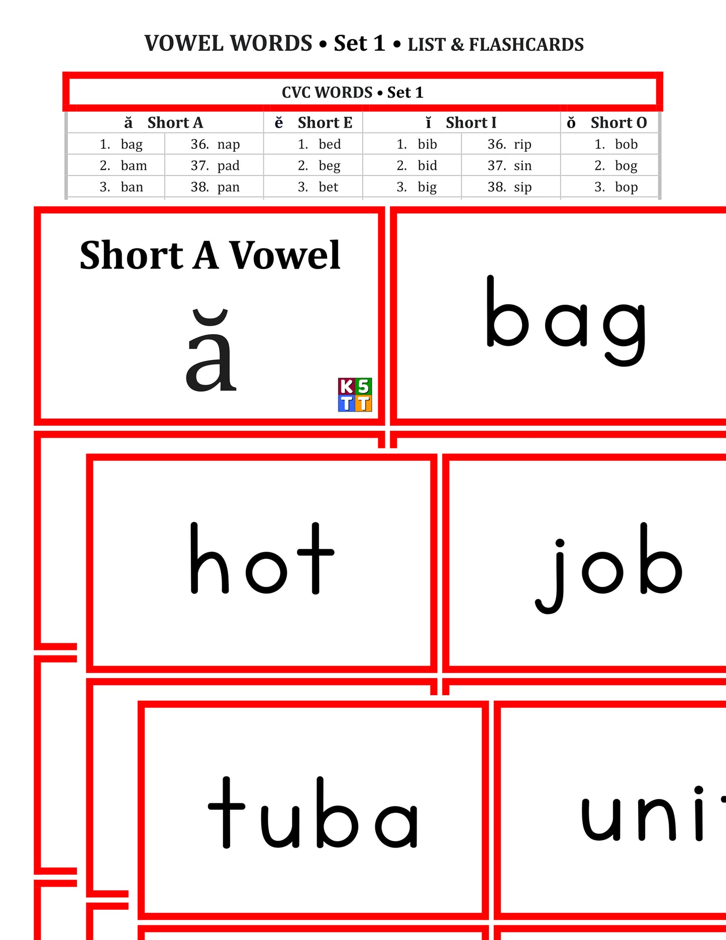 Short & Long Vowel Word Cards, Set 1 (printed on card stock)